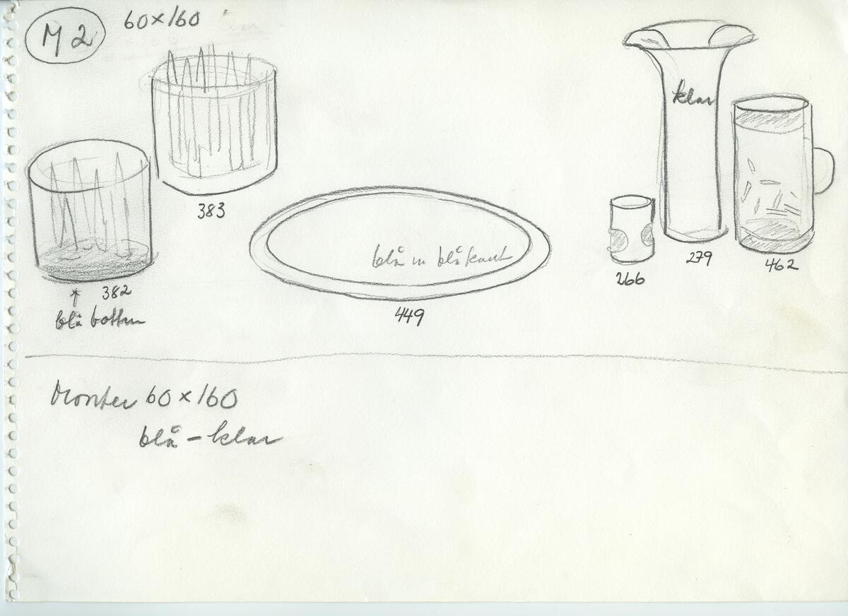 Skisser och referensmaterial till olika porslin- och glasföremål som grytor, kannor, koppar med fat, servisglas m.m. Bland annat formgivning för Rosenthal. Några skisskopior av Tapio Wirkkalas formgivning för Venini - inspirationsmaterial?