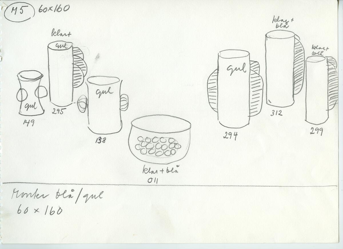 Skisser och referensmaterial till olika porslin- och glasföremål som grytor, kannor, koppar med fat, servisglas m.m. Bland annat formgivning för Rosenthal. Några skisskopior av Tapio Wirkkalas formgivning för Venini - inspirationsmaterial?