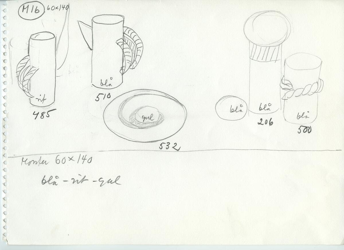 Skisser och referensmaterial till olika porslin- och glasföremål som grytor, kannor, koppar med fat, servisglas m.m. Bland annat formgivning för Rosenthal. Några skisskopior av Tapio Wirkkalas formgivning för Venini - inspirationsmaterial?