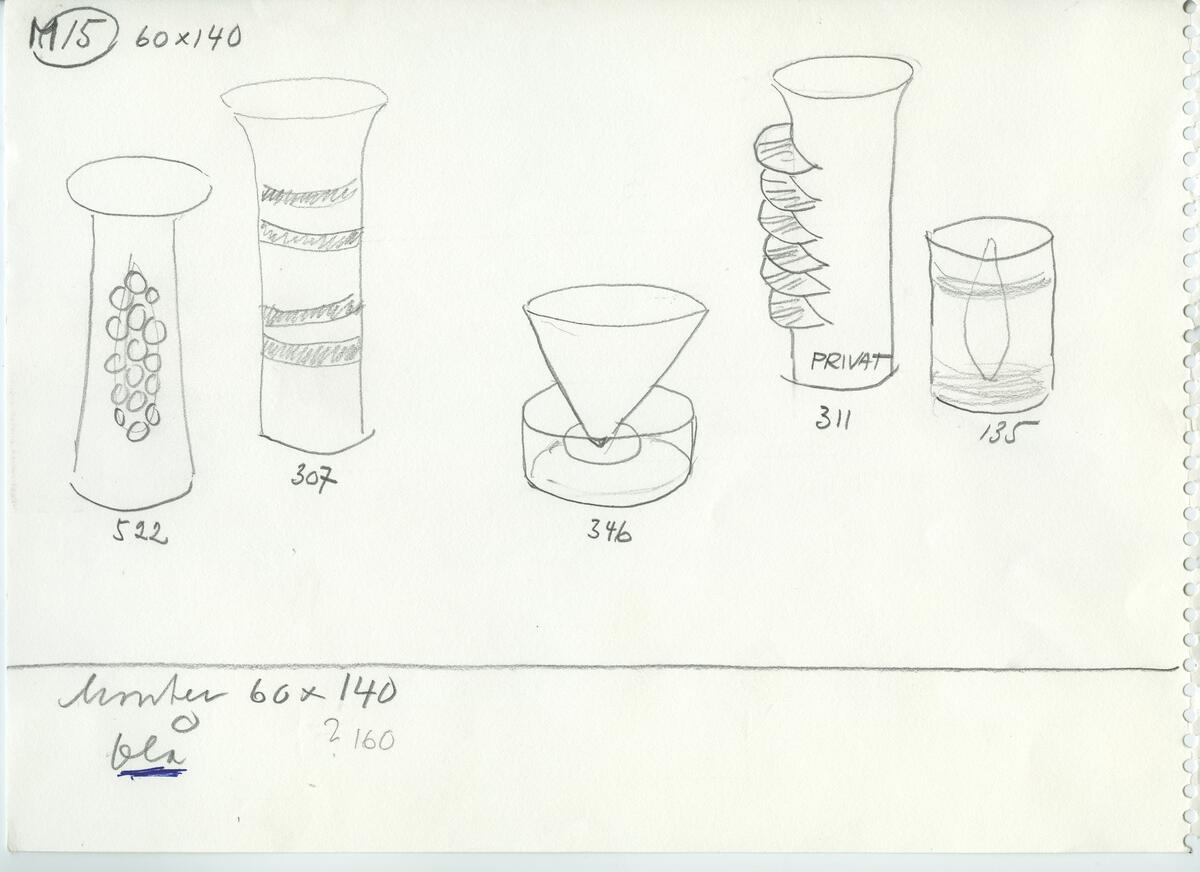 Skisser och referensmaterial till olika porslin- och glasföremål som grytor, kannor, koppar med fat, servisglas m.m. Bland annat formgivning för Rosenthal. Några skisskopior av Tapio Wirkkalas formgivning för Venini - inspirationsmaterial?