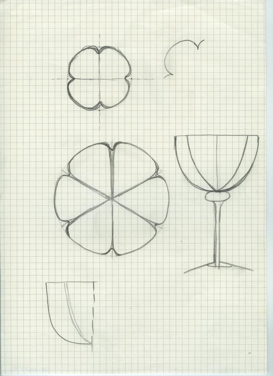 Skisser och referensmaterial till olika porslin- och glasföremål som grytor, kannor, koppar med fat, servisglas m.m. Bland annat formgivning för Rosenthal. Några skisskopior av Tapio Wirkkalas formgivning för Venini - inspirationsmaterial?