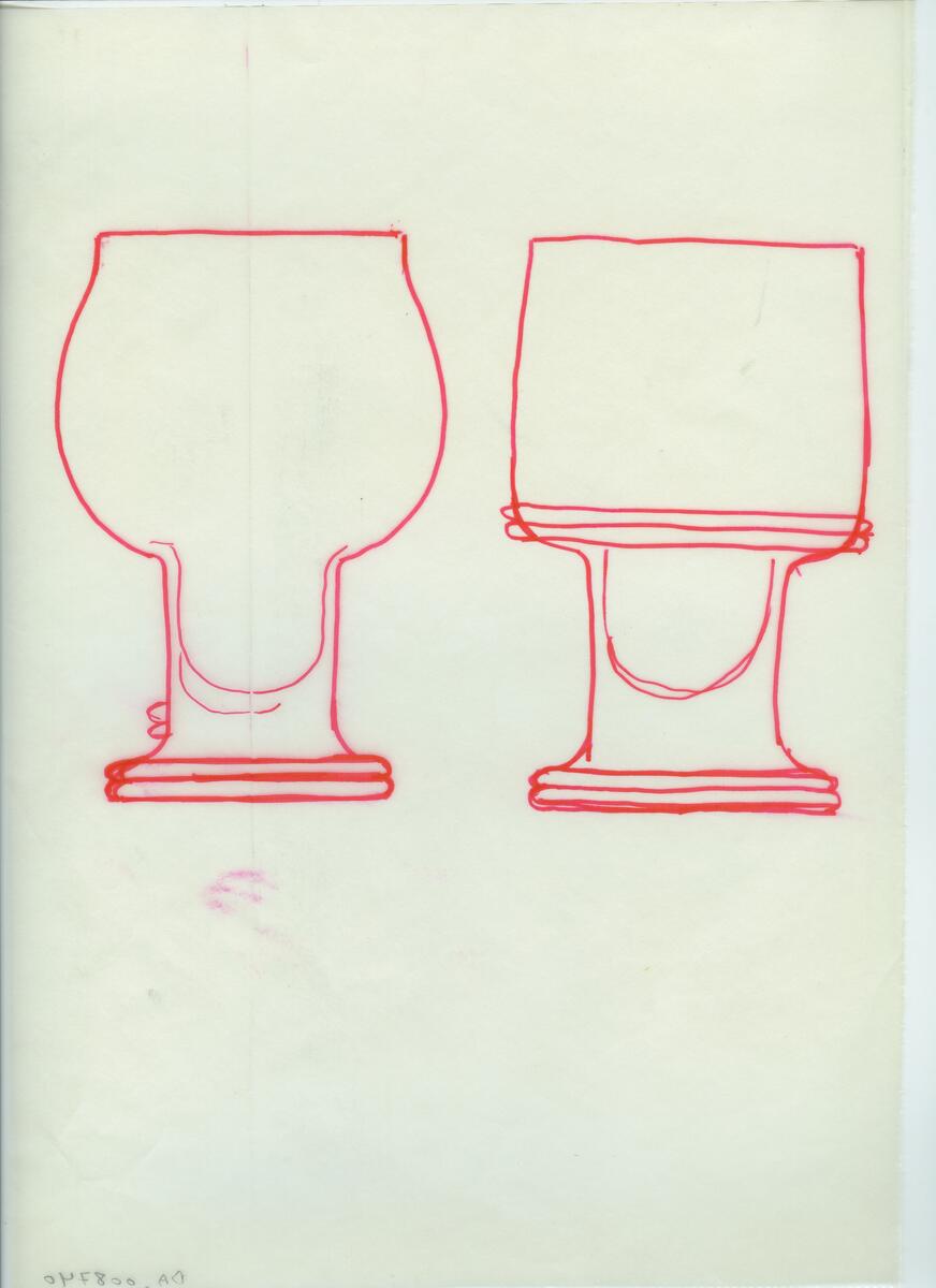 Skisser och referensmaterial till olika porslin- och glasföremål som grytor, kannor, koppar med fat, servisglas m.m. Bland annat formgivning för Rosenthal. Några skisskopior av Tapio Wirkkalas formgivning för Venini - inspirationsmaterial?