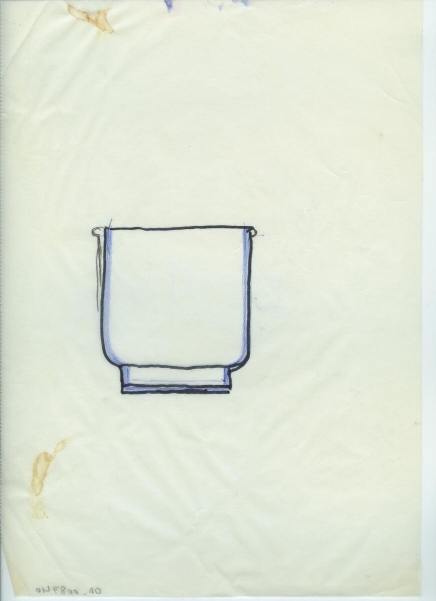Skisser och referensmaterial till olika porslin- och glasföremål som grytor, kannor, koppar med fat, servisglas m.m. Bland annat formgivning för Rosenthal. Några skisskopior av Tapio Wirkkalas formgivning för Venini - inspirationsmaterial?