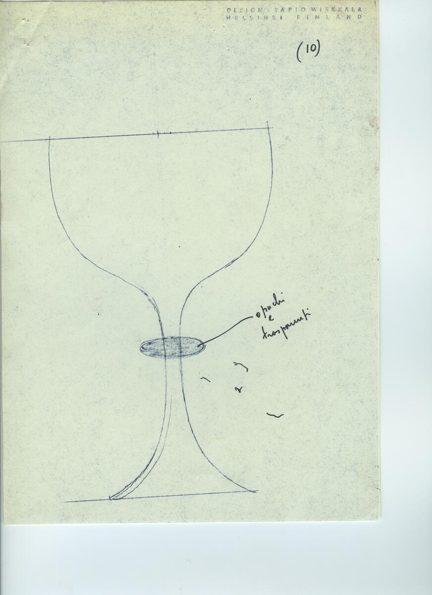 Skisser och referensmaterial till olika porslin- och glasföremål som grytor, kannor, koppar med fat, servisglas m.m. Bland annat formgivning för Rosenthal. Några skisskopior av Tapio Wirkkalas formgivning för Venini - inspirationsmaterial?
