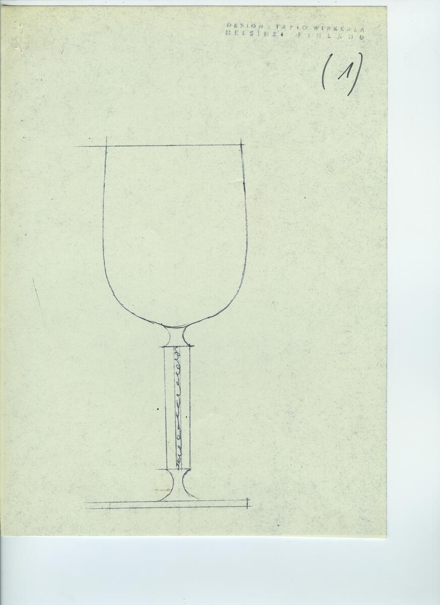 Skisser och referensmaterial till olika porslin- och glasföremål som grytor, kannor, koppar med fat, servisglas m.m. Bland annat formgivning för Rosenthal. Några skisskopior av Tapio Wirkkalas formgivning för Venini - inspirationsmaterial?