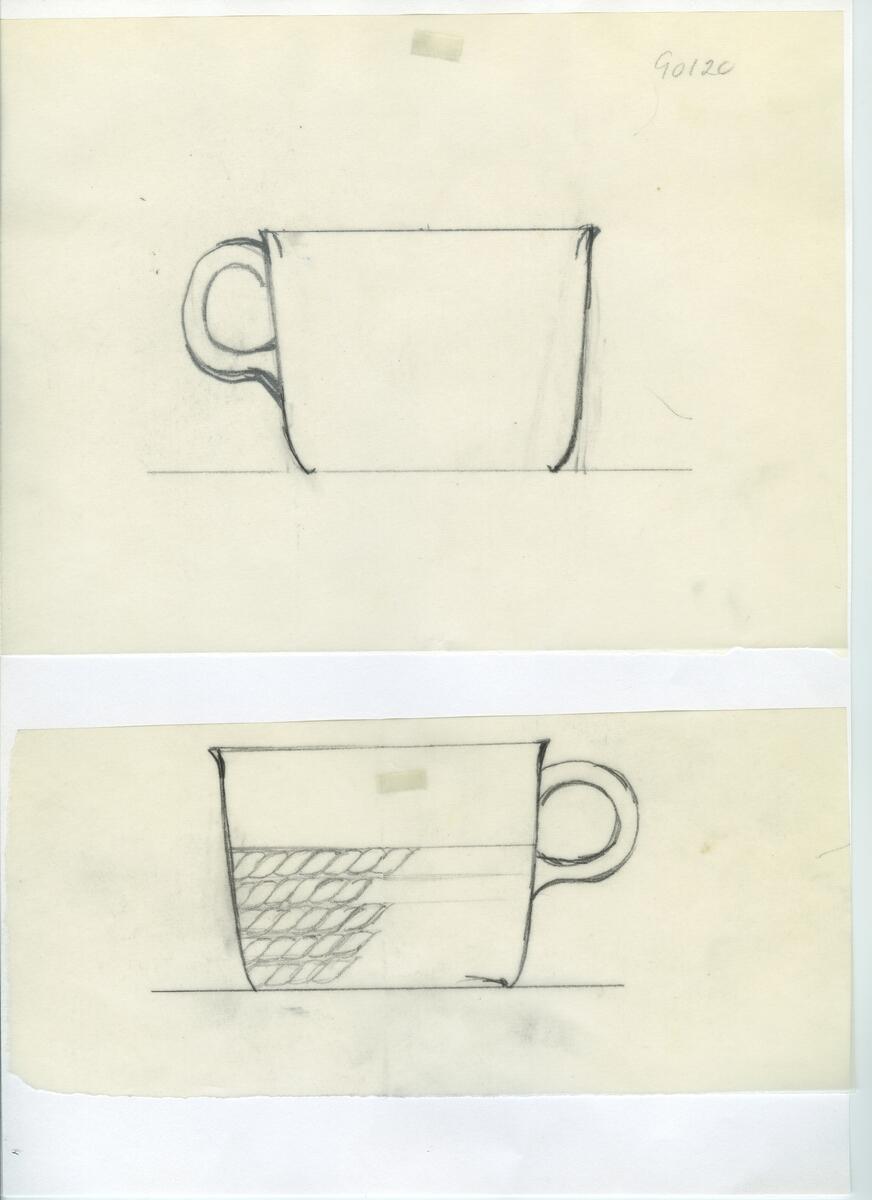 Skisser och referensmaterial till olika porslin- och glasföremål som grytor, kannor, koppar med fat, servisglas m.m. Bland annat formgivning för Rosenthal. Några skisskopior av Tapio Wirkkalas formgivning för Venini - inspirationsmaterial?