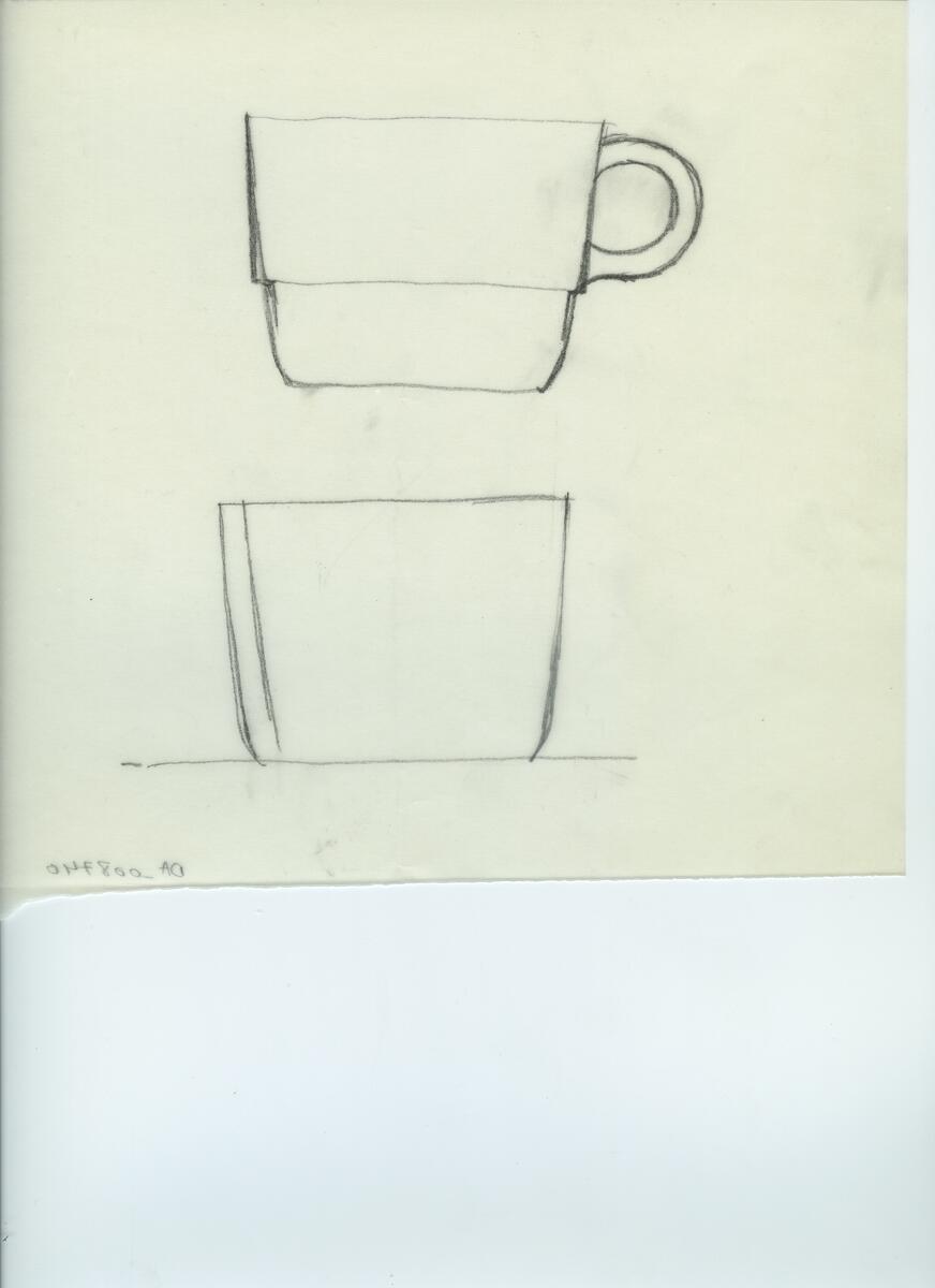 Skisser och referensmaterial till olika porslin- och glasföremål som grytor, kannor, koppar med fat, servisglas m.m. Bland annat formgivning för Rosenthal. Några skisskopior av Tapio Wirkkalas formgivning för Venini - inspirationsmaterial?