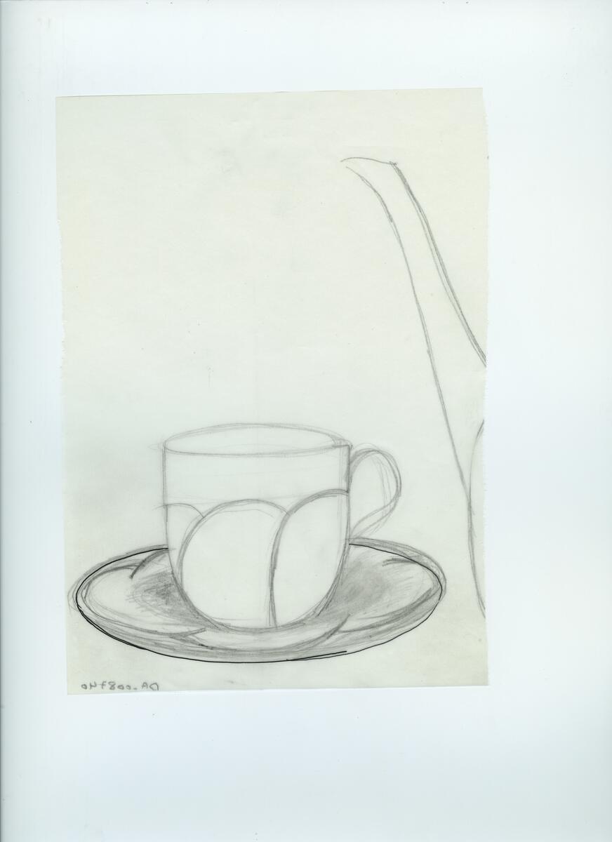 Skisser och referensmaterial till olika porslin- och glasföremål som grytor, kannor, koppar med fat, servisglas m.m. Bland annat formgivning för Rosenthal. Några skisskopior av Tapio Wirkkalas formgivning för Venini - inspirationsmaterial?