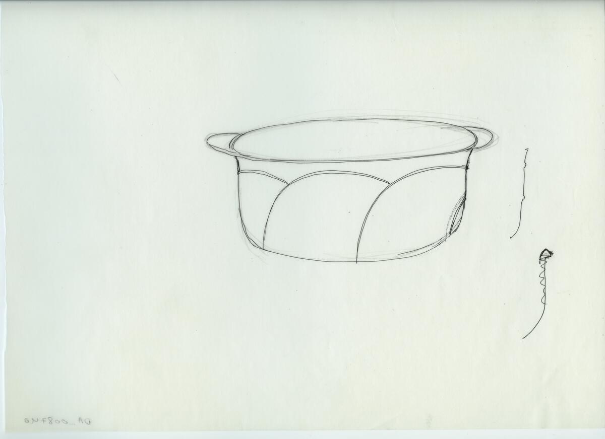 Skisser och referensmaterial till olika porslin- och glasföremål som grytor, kannor, koppar med fat, servisglas m.m. Bland annat formgivning för Rosenthal. Några skisskopior av Tapio Wirkkalas formgivning för Venini - inspirationsmaterial?