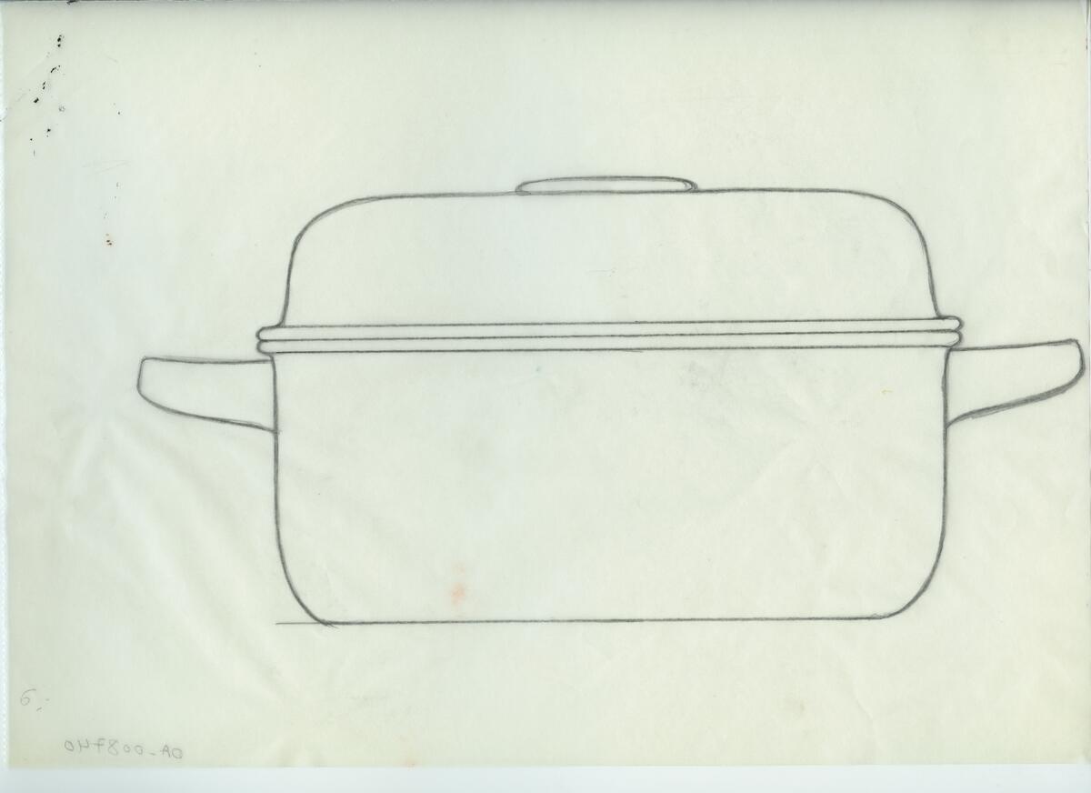 Skisser och referensmaterial till olika porslin- och glasföremål som grytor, kannor, koppar med fat, servisglas m.m. Bland annat formgivning för Rosenthal. Några skisskopior av Tapio Wirkkalas formgivning för Venini - inspirationsmaterial?