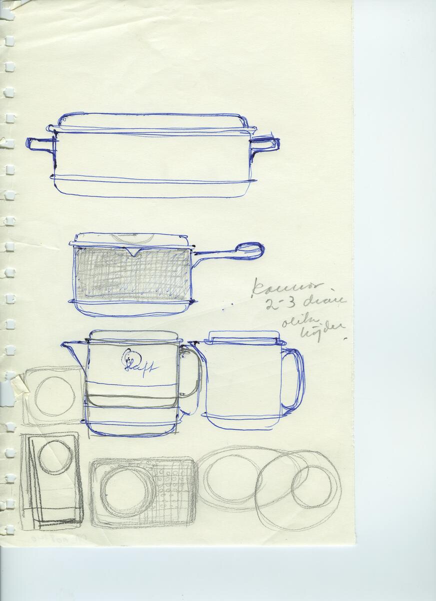 Skisser och referensmaterial till olika porslin- och glasföremål som grytor, kannor, koppar med fat, servisglas m.m. Bland annat formgivning för Rosenthal. Några skisskopior av Tapio Wirkkalas formgivning för Venini - inspirationsmaterial?