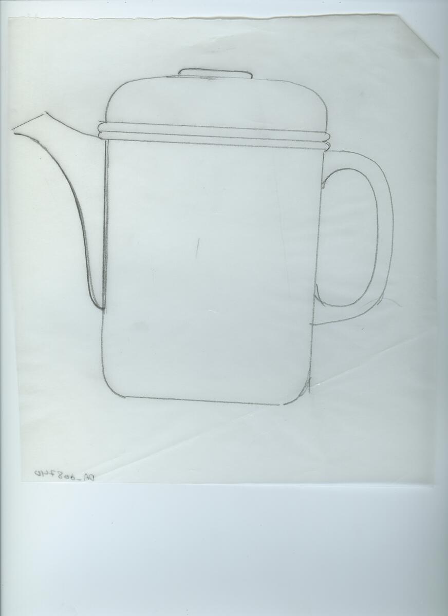 Skisser och referensmaterial till olika porslin- och glasföremål som grytor, kannor, koppar med fat, servisglas m.m. Bland annat formgivning för Rosenthal. Några skisskopior av Tapio Wirkkalas formgivning för Venini - inspirationsmaterial?