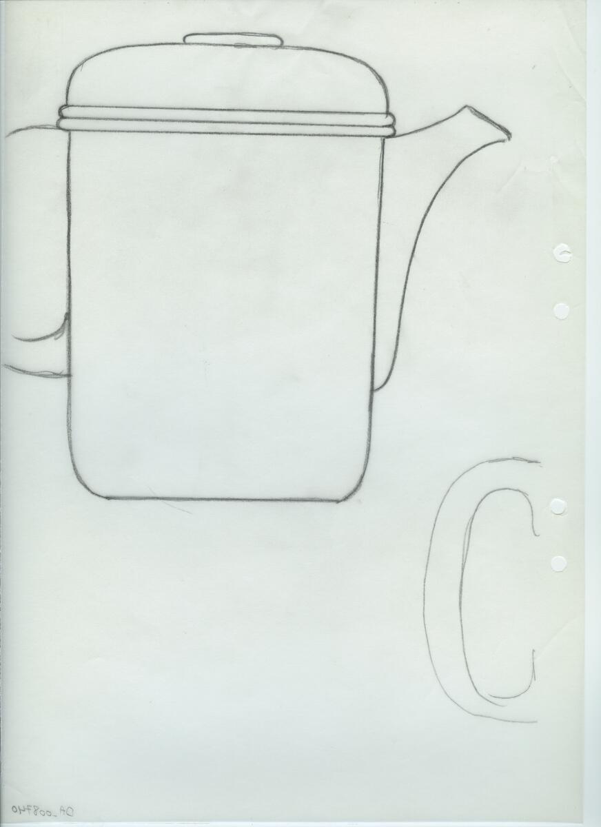 Skisser och referensmaterial till olika porslin- och glasföremål som grytor, kannor, koppar med fat, servisglas m.m. Bland annat formgivning för Rosenthal. Några skisskopior av Tapio Wirkkalas formgivning för Venini - inspirationsmaterial?