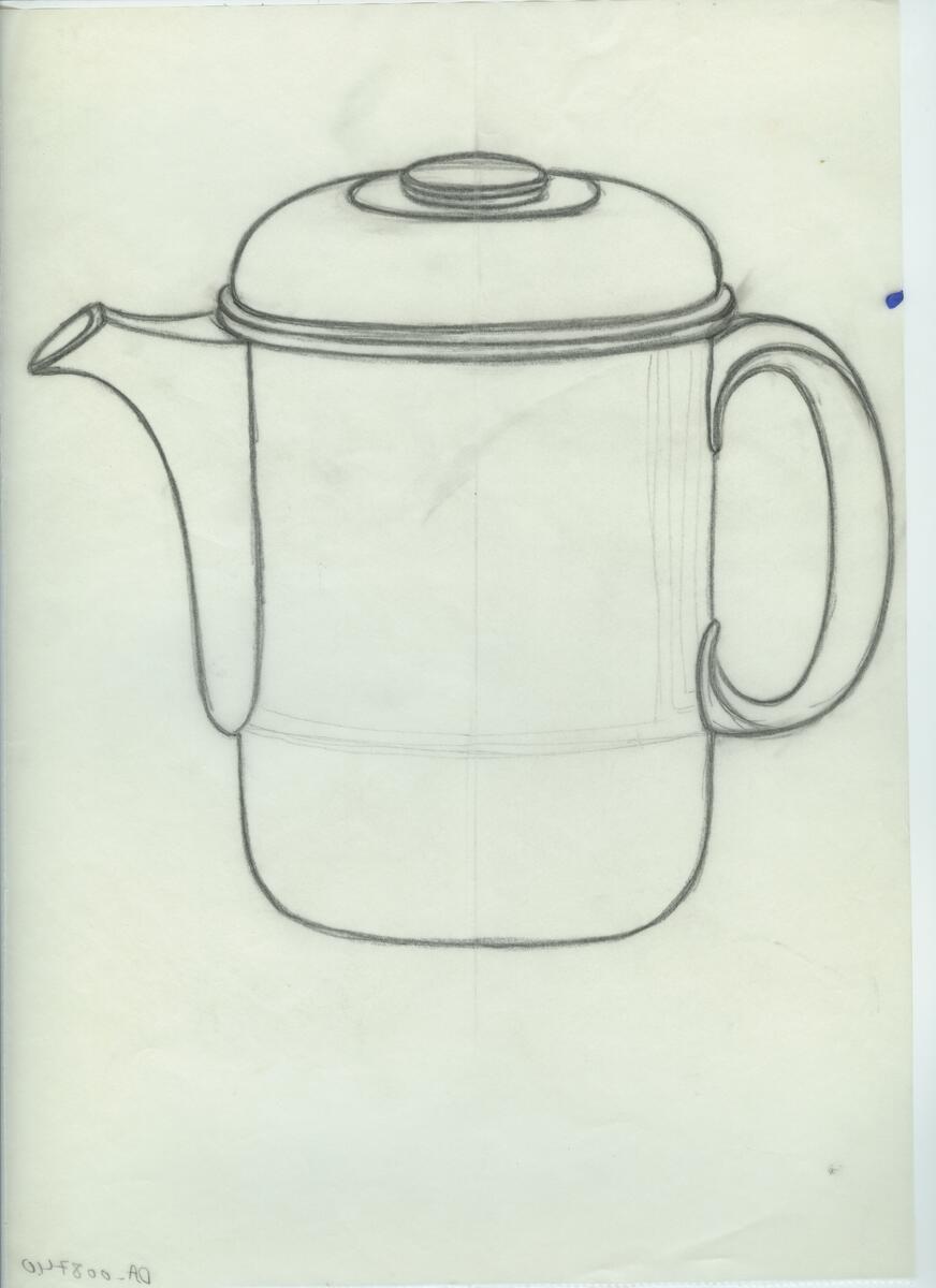 Skisser och referensmaterial till olika porslin- och glasföremål som grytor, kannor, koppar med fat, servisglas m.m. Bland annat formgivning för Rosenthal. Några skisskopior av Tapio Wirkkalas formgivning för Venini - inspirationsmaterial?