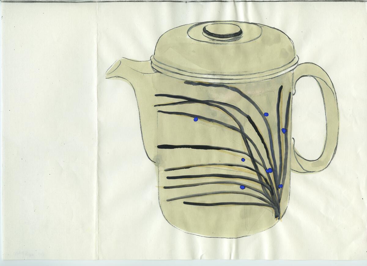Skisser och referensmaterial till olika porslin- och glasföremål som grytor, kannor, koppar med fat, servisglas m.m. Bland annat formgivning för Rosenthal. Några skisskopior av Tapio Wirkkalas formgivning för Venini - inspirationsmaterial?