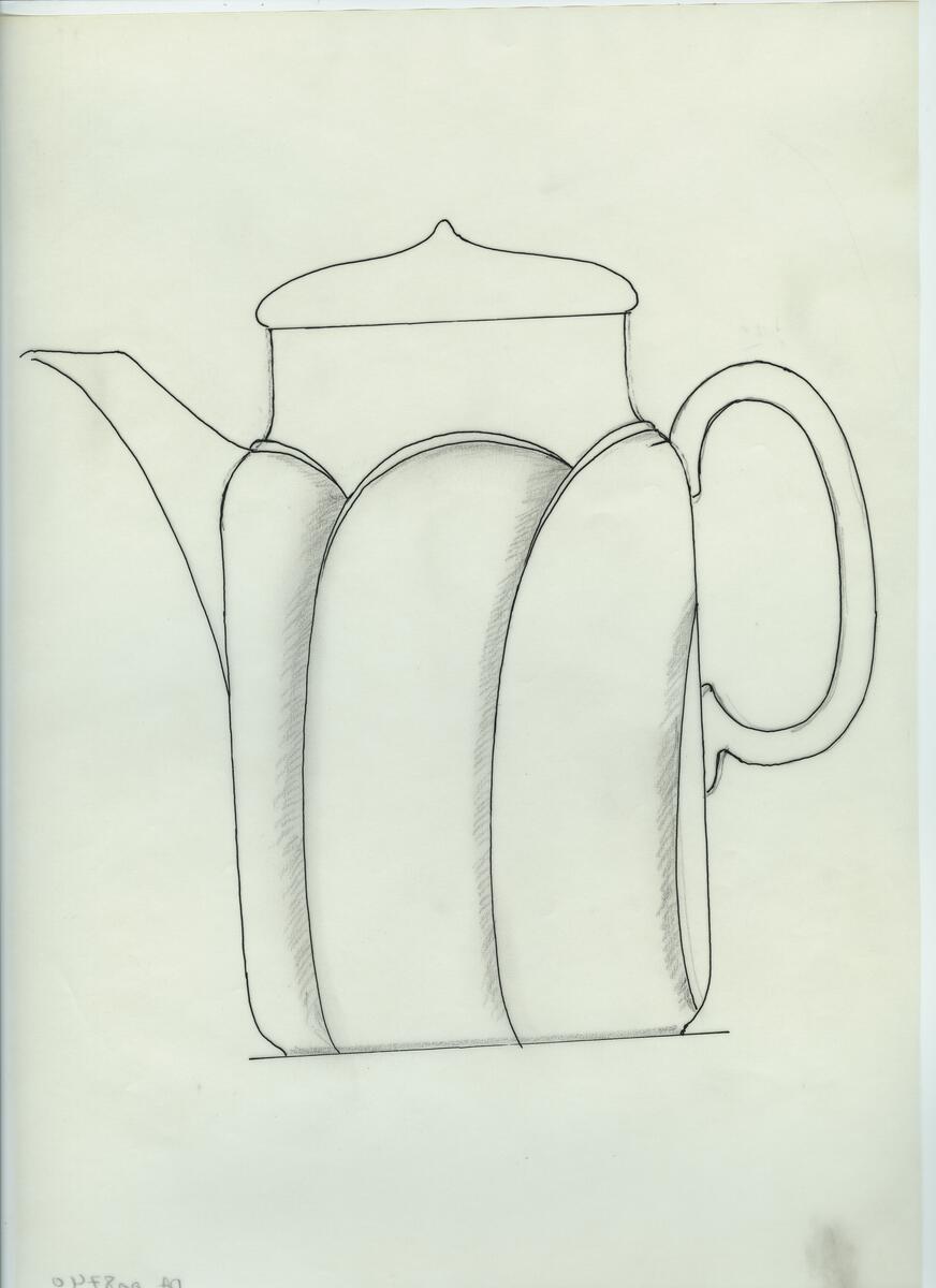 Skisser och referensmaterial till olika porslin- och glasföremål som grytor, kannor, koppar med fat, servisglas m.m. Bland annat formgivning för Rosenthal. Några skisskopior av Tapio Wirkkalas formgivning för Venini - inspirationsmaterial?