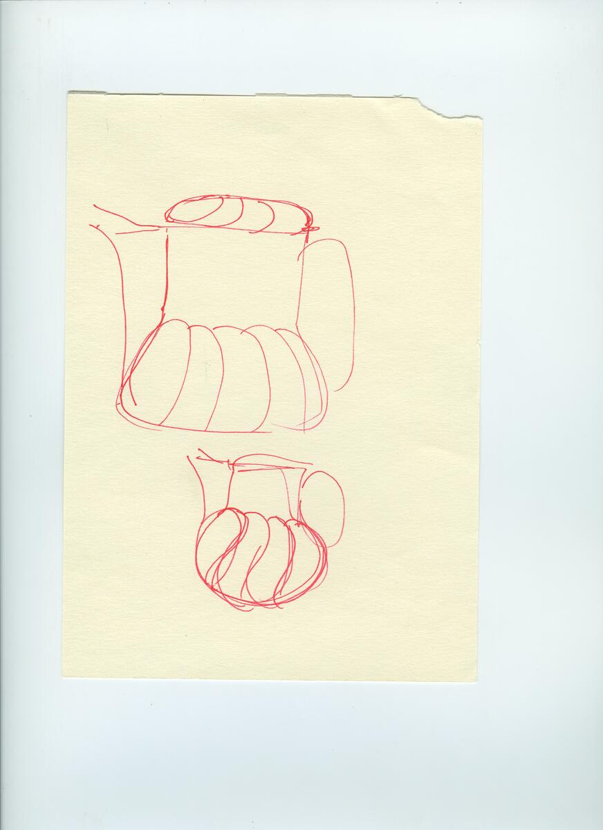 Skisser och referensmaterial till olika porslin- och glasföremål som grytor, kannor, koppar med fat, servisglas m.m. Bland annat formgivning för Rosenthal. Några skisskopior av Tapio Wirkkalas formgivning för Venini - inspirationsmaterial?