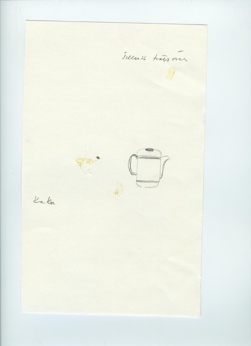 Skisser och referensmaterial till olika porslin- och glasföremål som grytor, kannor, koppar med fat, servisglas m.m. Bland annat formgivning för Rosenthal. Några skisskopior av Tapio Wirkkalas formgivning för Venini - inspirationsmaterial?