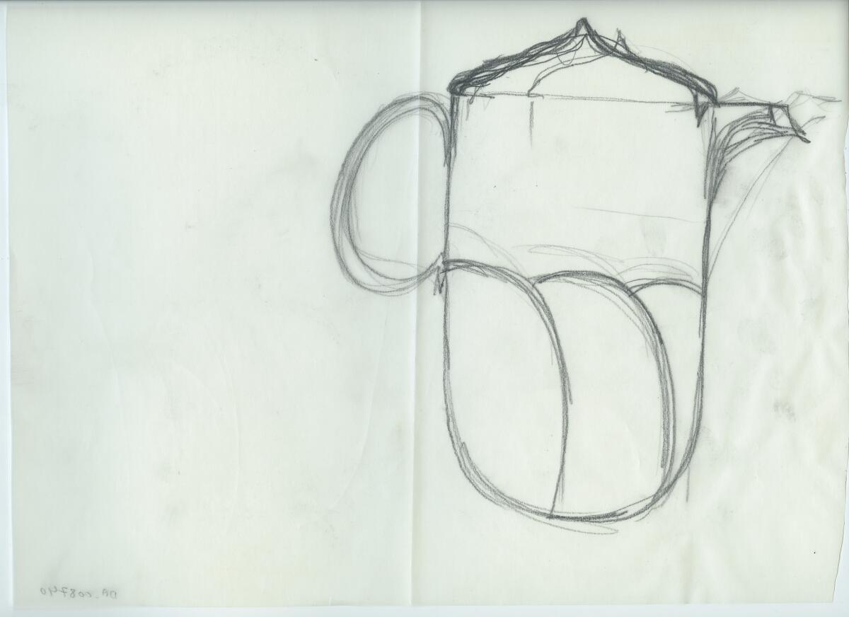 Skisser och referensmaterial till olika porslin- och glasföremål som grytor, kannor, koppar med fat, servisglas m.m. Bland annat formgivning för Rosenthal. Några skisskopior av Tapio Wirkkalas formgivning för Venini - inspirationsmaterial?