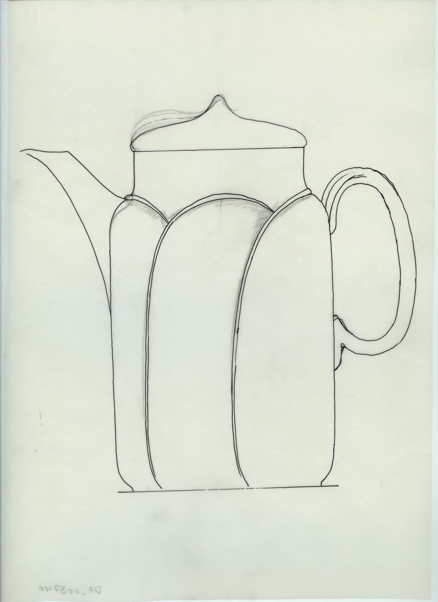 Skisser och referensmaterial till olika porslin- och glasföremål som grytor, kannor, koppar med fat, servisglas m.m. Bland annat formgivning för Rosenthal. Några skisskopior av Tapio Wirkkalas formgivning för Venini - inspirationsmaterial?