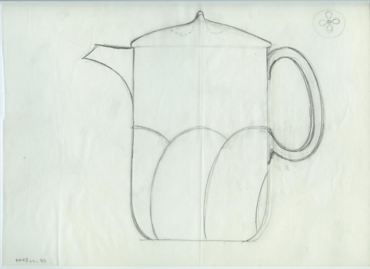 Skisser och referensmaterial till olika porslin- och glasföremål som grytor, kannor, koppar med fat, servisglas m.m. Bland annat formgivning för Rosenthal. Några skisskopior av Tapio Wirkkalas formgivning för Venini - inspirationsmaterial?