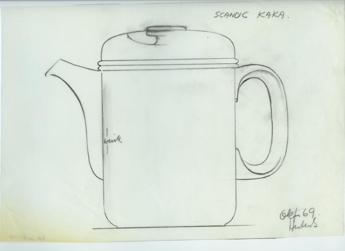 Skisser och referensmaterial till olika porslin- och glasföremål som grytor, kannor, koppar med fat, servisglas m.m. Bland annat formgivning för Rosenthal. Några skisskopior av Tapio Wirkkalas formgivning för Venini - inspirationsmaterial?