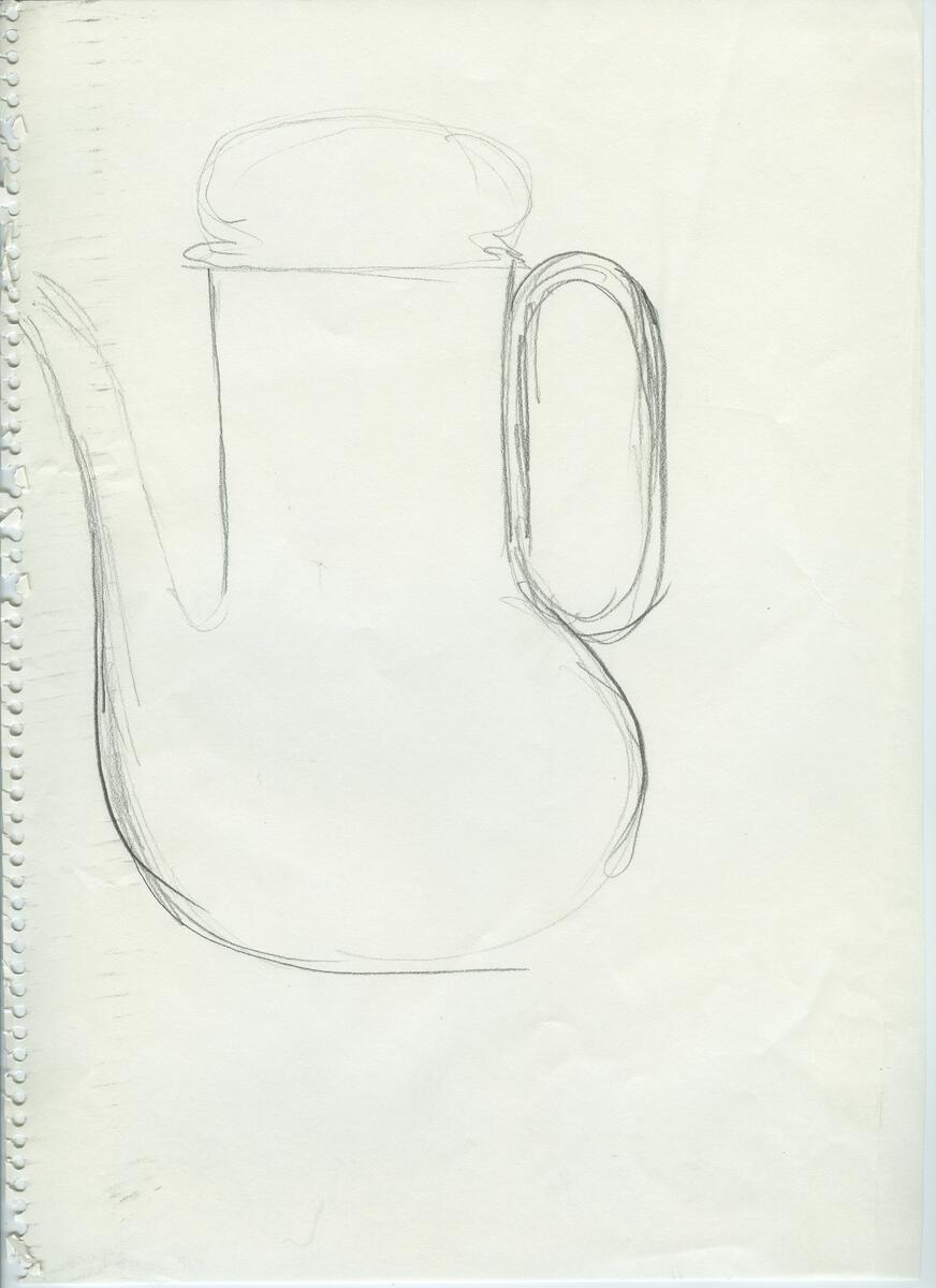 Skisser och referensmaterial till olika porslin- och glasföremål som grytor, kannor, koppar med fat, servisglas m.m. Bland annat formgivning för Rosenthal. Några skisskopior av Tapio Wirkkalas formgivning för Venini - inspirationsmaterial?