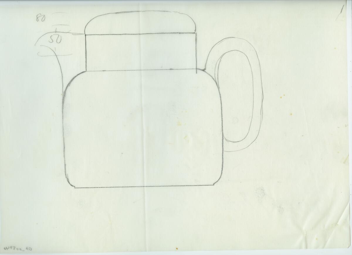Skisser och referensmaterial till olika porslin- och glasföremål som grytor, kannor, koppar med fat, servisglas m.m. Bland annat formgivning för Rosenthal. Några skisskopior av Tapio Wirkkalas formgivning för Venini - inspirationsmaterial?