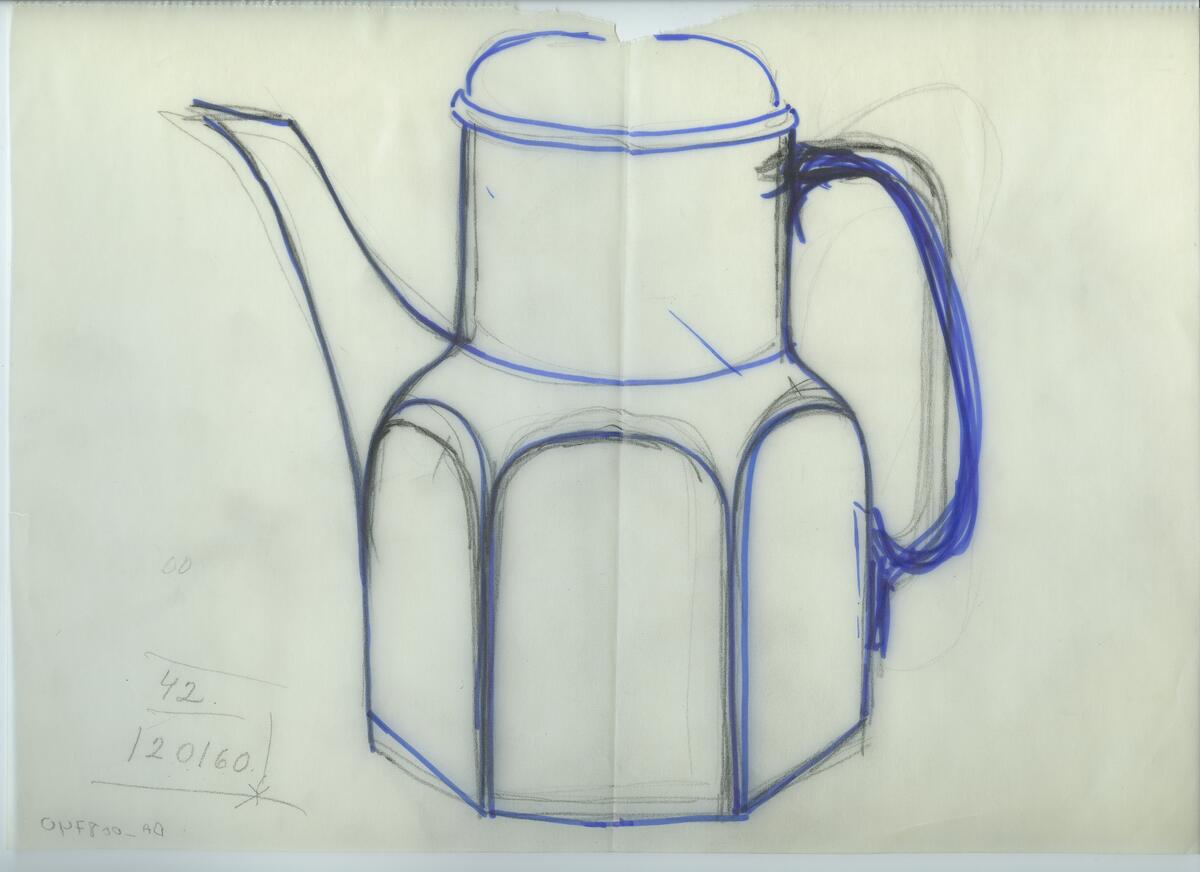 Skisser och referensmaterial till olika porslin- och glasföremål som grytor, kannor, koppar med fat, servisglas m.m. Bland annat formgivning för Rosenthal. Några skisskopior av Tapio Wirkkalas formgivning för Venini - inspirationsmaterial?