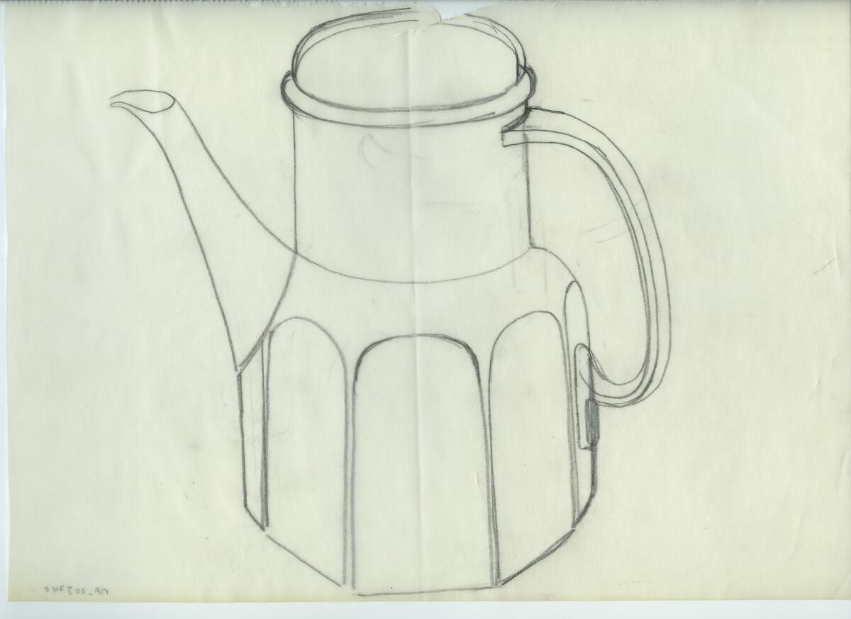 Skisser och referensmaterial till olika porslin- och glasföremål som grytor, kannor, koppar med fat, servisglas m.m. Bland annat formgivning för Rosenthal. Några skisskopior av Tapio Wirkkalas formgivning för Venini - inspirationsmaterial?