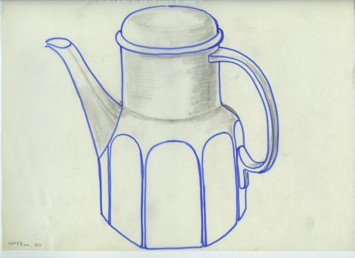 Skisser och referensmaterial till olika porslin- och glasföremål som grytor, kannor, koppar med fat, servisglas m.m. Bland annat formgivning för Rosenthal. Några skisskopior av Tapio Wirkkalas formgivning för Venini - inspirationsmaterial?