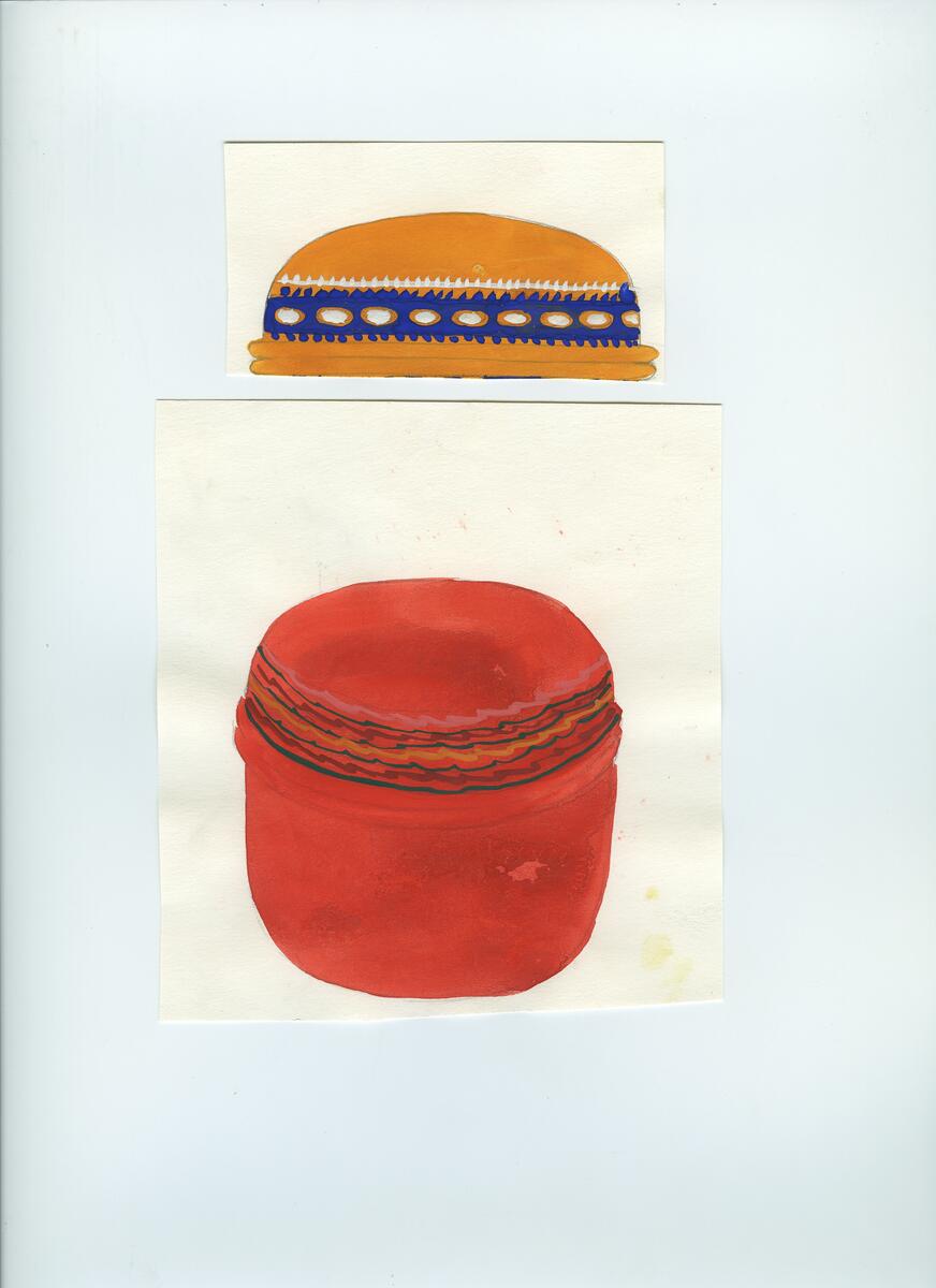 Skisser och referensmaterial till olika porslin- och glasföremål som grytor, kannor, koppar med fat, servisglas m.m. Bland annat formgivning för Rosenthal. Några skisskopior av Tapio Wirkkalas formgivning för Venini - inspirationsmaterial?