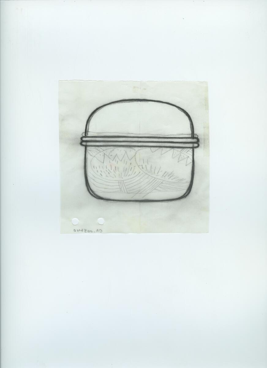 Skisser och referensmaterial till olika porslin- och glasföremål som grytor, kannor, koppar med fat, servisglas m.m. Bland annat formgivning för Rosenthal. Några skisskopior av Tapio Wirkkalas formgivning för Venini - inspirationsmaterial?