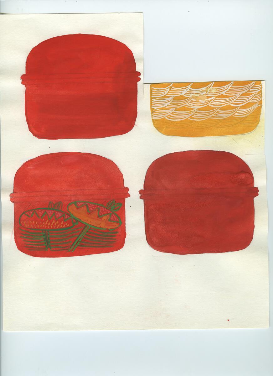 Skisser och referensmaterial till olika porslin- och glasföremål som grytor, kannor, koppar med fat, servisglas m.m. Bland annat formgivning för Rosenthal. Några skisskopior av Tapio Wirkkalas formgivning för Venini - inspirationsmaterial?