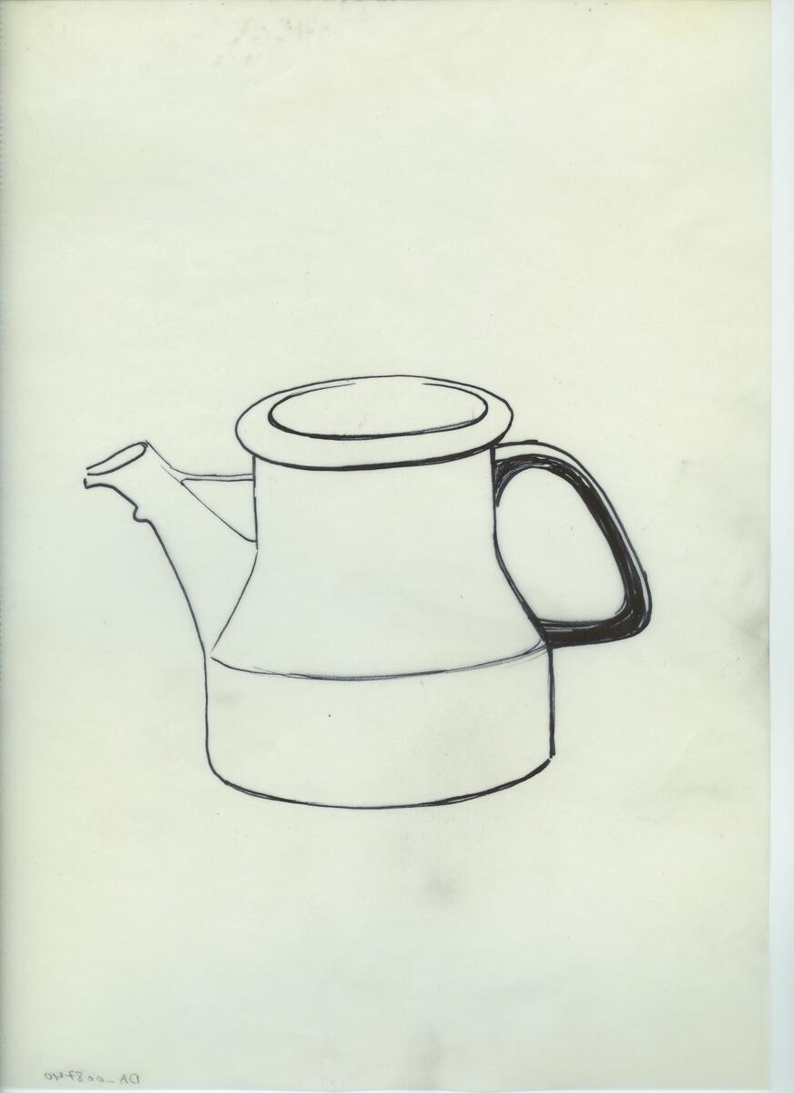 Skisser och referensmaterial till olika porslin- och glasföremål som grytor, kannor, koppar med fat, servisglas m.m. Bland annat formgivning för Rosenthal. Några skisskopior av Tapio Wirkkalas formgivning för Venini - inspirationsmaterial?