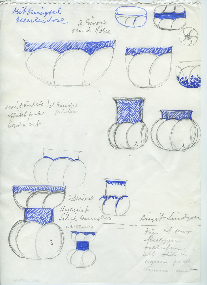 Skisser och referensmaterial till olika porslin- och glasföremål som grytor, kannor, koppar med fat, servisglas m.m. Bland annat formgivning för Rosenthal. Några skisskopior av Tapio Wirkkalas formgivning för Venini - inspirationsmaterial?
