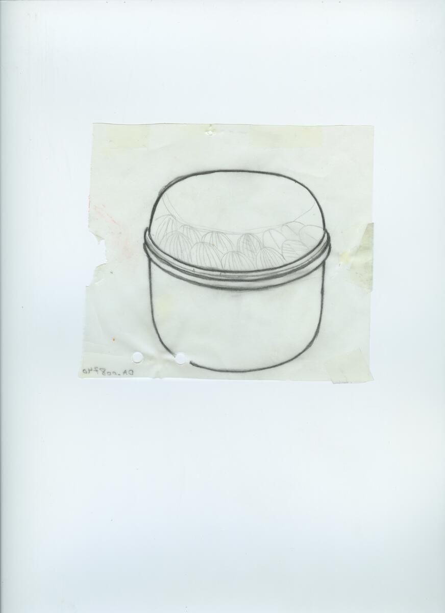 Skisser och referensmaterial till olika porslin- och glasföremål som grytor, kannor, koppar med fat, servisglas m.m. Bland annat formgivning för Rosenthal. Några skisskopior av Tapio Wirkkalas formgivning för Venini - inspirationsmaterial?