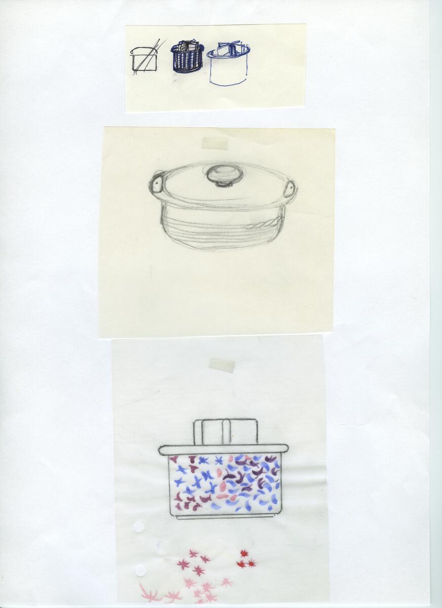 Skisser och referensmaterial till olika porslin- och glasföremål som grytor, kannor, koppar med fat, servisglas m.m. Bland annat formgivning för Rosenthal. Några skisskopior av Tapio Wirkkalas formgivning för Venini - inspirationsmaterial?