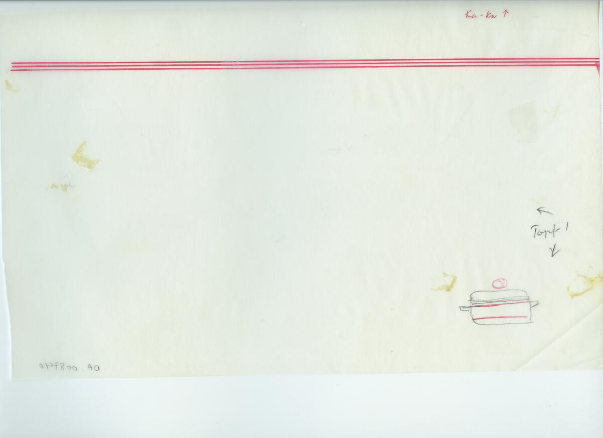 Skisser och referensmaterial till olika porslin- och glasföremål som grytor, kannor, koppar med fat, servisglas m.m. Bland annat formgivning för Rosenthal. Några skisskopior av Tapio Wirkkalas formgivning för Venini - inspirationsmaterial?