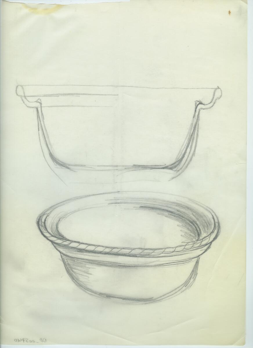 Skisser och referensmaterial till olika porslin- och glasföremål som grytor, kannor, koppar med fat, servisglas m.m. Bland annat formgivning för Rosenthal. Några skisskopior av Tapio Wirkkalas formgivning för Venini - inspirationsmaterial?