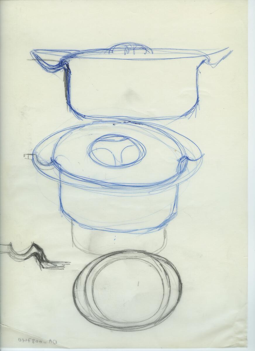 Skisser och referensmaterial till olika porslin- och glasföremål som grytor, kannor, koppar med fat, servisglas m.m. Bland annat formgivning för Rosenthal. Några skisskopior av Tapio Wirkkalas formgivning för Venini - inspirationsmaterial?