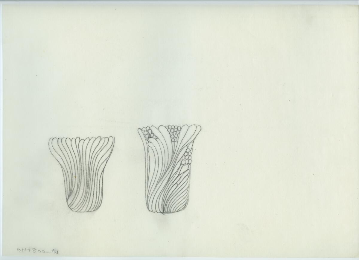 Skisser och referensmaterial till olika porslin- och glasföremål som grytor, kannor, koppar med fat, servisglas m.m. Bland annat formgivning för Rosenthal. Några skisskopior av Tapio Wirkkalas formgivning för Venini - inspirationsmaterial?