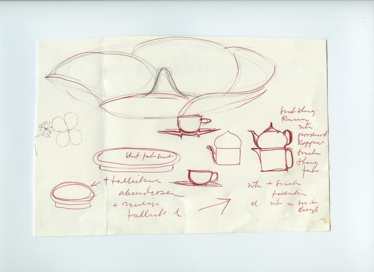 Skisser och referensmaterial till olika porslin- och glasföremål som grytor, kannor, koppar med fat, servisglas m.m. Bland annat formgivning för Rosenthal. Några skisskopior av Tapio Wirkkalas formgivning för Venini - inspirationsmaterial?