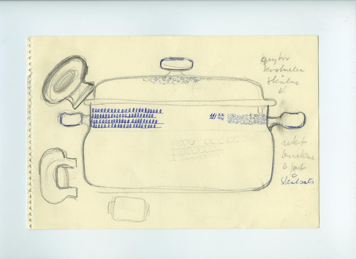Skisser och referensmaterial till olika porslin- och glasföremål som grytor, kannor, koppar med fat, servisglas m.m. Bland annat formgivning för Rosenthal. Några skisskopior av Tapio Wirkkalas formgivning för Venini - inspirationsmaterial?