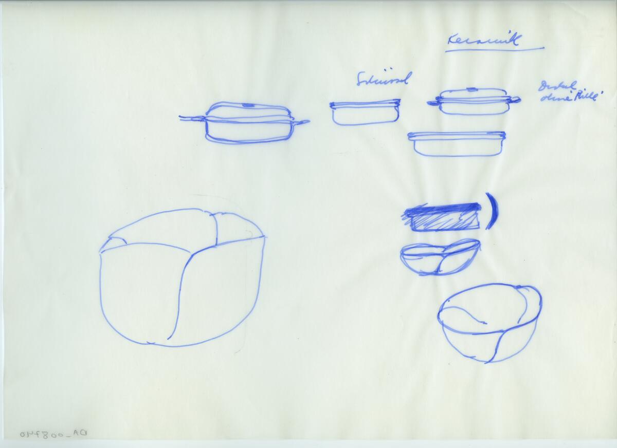 Skisser och referensmaterial till olika porslin- och glasföremål som grytor, kannor, koppar med fat, servisglas m.m. Bland annat formgivning för Rosenthal. Några skisskopior av Tapio Wirkkalas formgivning för Venini - inspirationsmaterial?