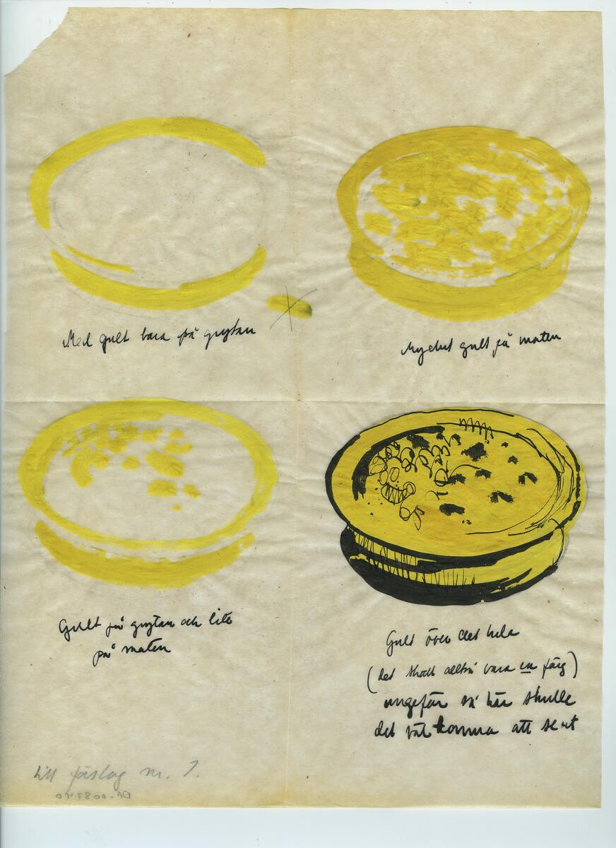 Skisser och referensmaterial till olika porslin- och glasföremål som grytor, kannor, koppar med fat, servisglas m.m. Bland annat formgivning för Rosenthal. Några skisskopior av Tapio Wirkkalas formgivning för Venini - inspirationsmaterial?