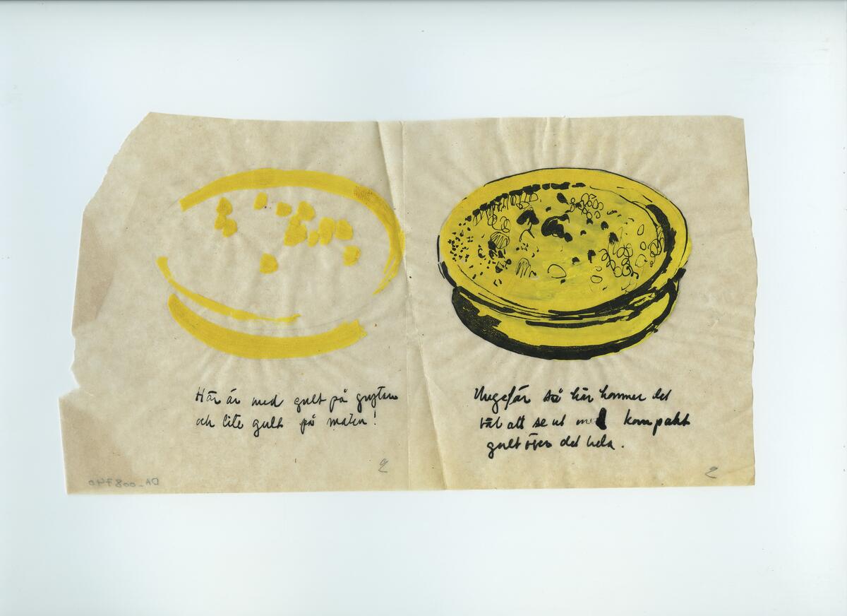 Skisser och referensmaterial till olika porslin- och glasföremål som grytor, kannor, koppar med fat, servisglas m.m. Bland annat formgivning för Rosenthal. Några skisskopior av Tapio Wirkkalas formgivning för Venini - inspirationsmaterial?