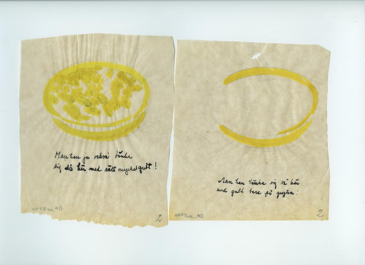 Skisser och referensmaterial till olika porslin- och glasföremål som grytor, kannor, koppar med fat, servisglas m.m. Bland annat formgivning för Rosenthal. Några skisskopior av Tapio Wirkkalas formgivning för Venini - inspirationsmaterial?