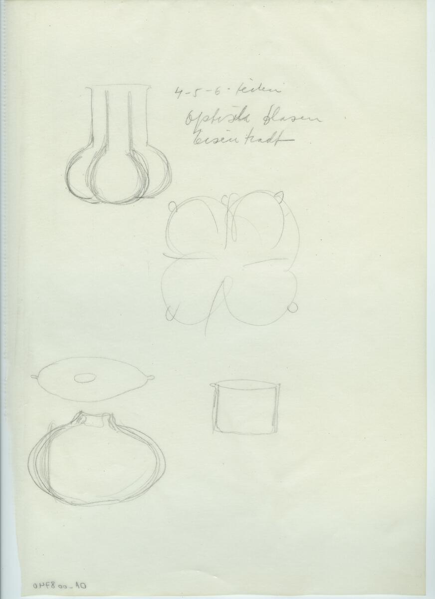 Skisser och referensmaterial till olika porslin- och glasföremål som grytor, kannor, koppar med fat, servisglas m.m. Bland annat formgivning för Rosenthal. Några skisskopior av Tapio Wirkkalas formgivning för Venini - inspirationsmaterial?
