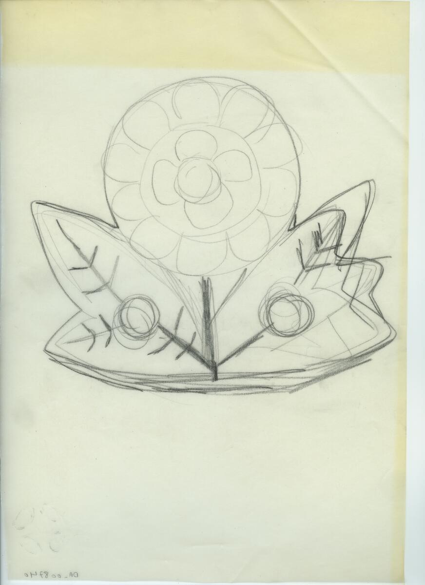 Skisser och referensmaterial till olika porslin- och glasföremål som grytor, kannor, koppar med fat, servisglas m.m. Bland annat formgivning för Rosenthal. Några skisskopior av Tapio Wirkkalas formgivning för Venini - inspirationsmaterial?